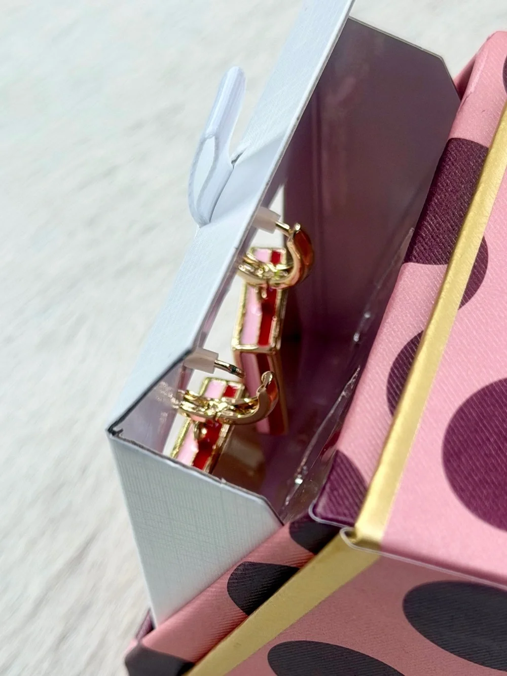 Piper K Mahjong Tile Huggie Drop Earrings Pink Enamel Gold Nickel Free Twee NIB